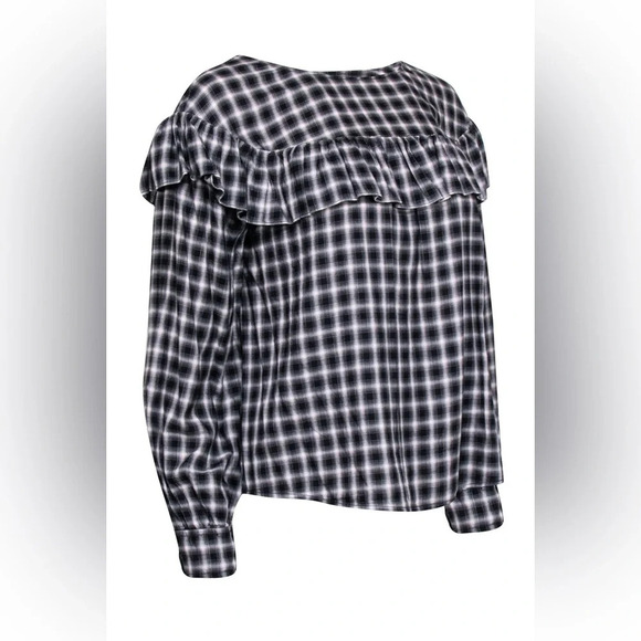 NWT La Vie Rebecca Taylor Plaid Ruffle Blouse in Black/White Size M - Picture 4 of 14